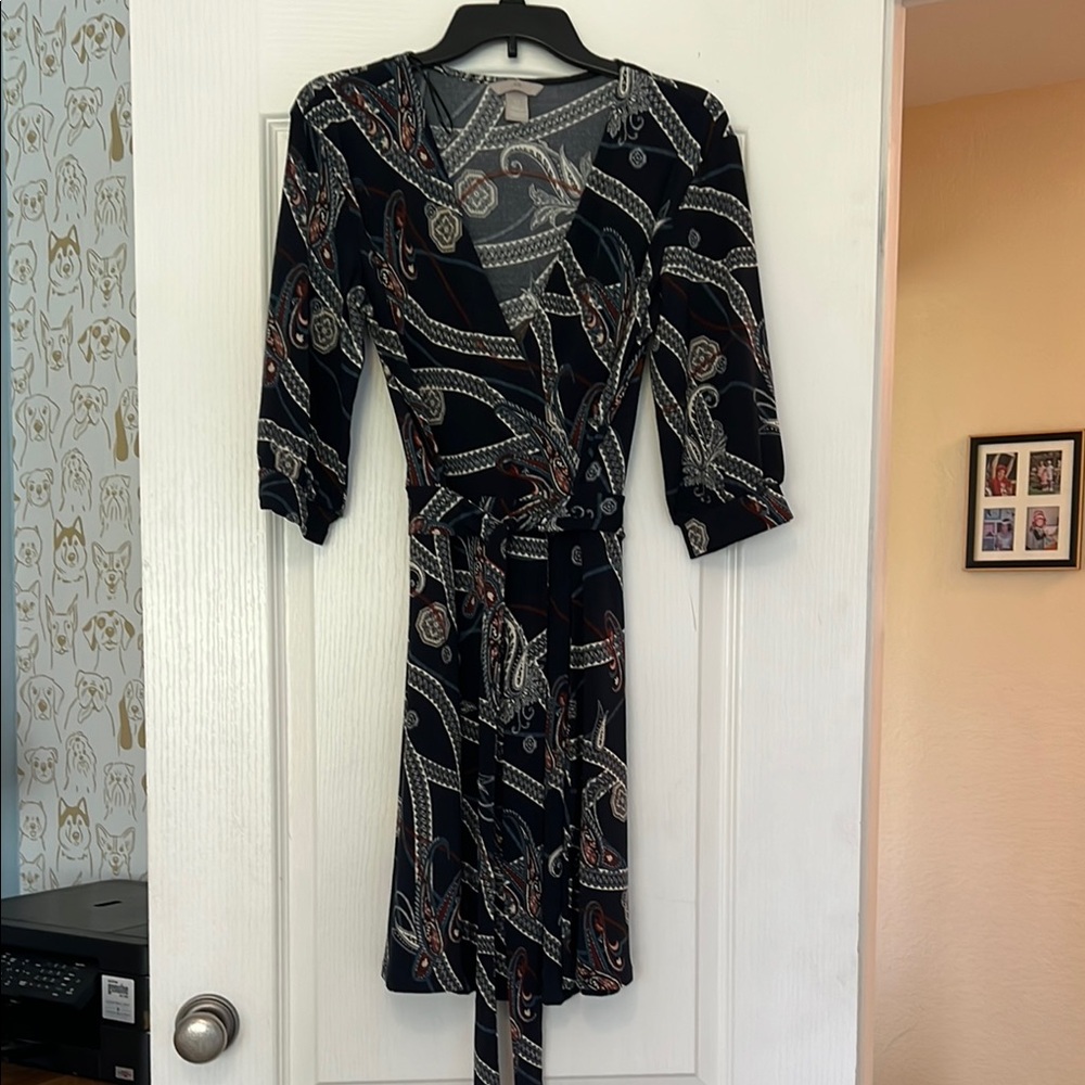 H&M Blue Wrap Dress with Cuffed Sleeves and V-Neck